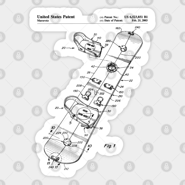 Snowboard Patent - Snowboarding Art - Black And White Sticker by patentpress